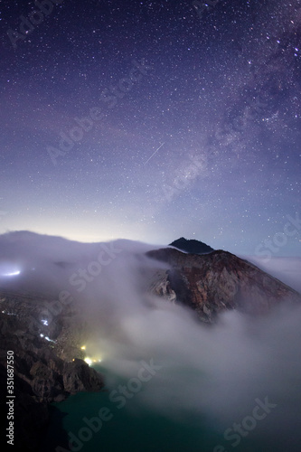 Toxic volcano Ijen on Java island  Indonesia. Night sky full of stars  another planet landscape.