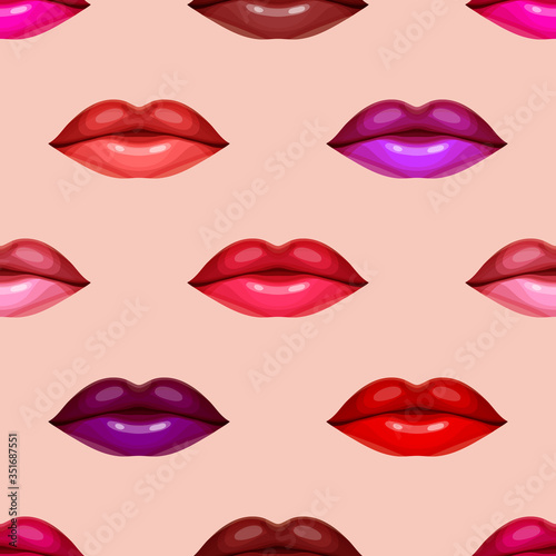 Seamless pattern of  bright sexy lips with lipstick applied