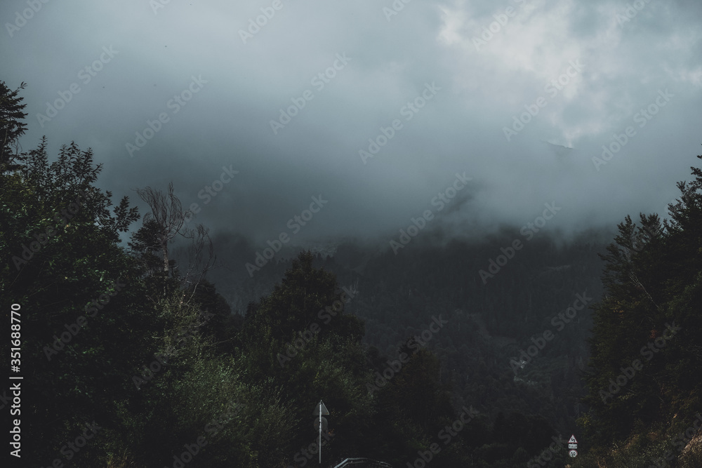 Fototapeta premium ambient fog over the road to the mountains atmosphere mysterious landscape