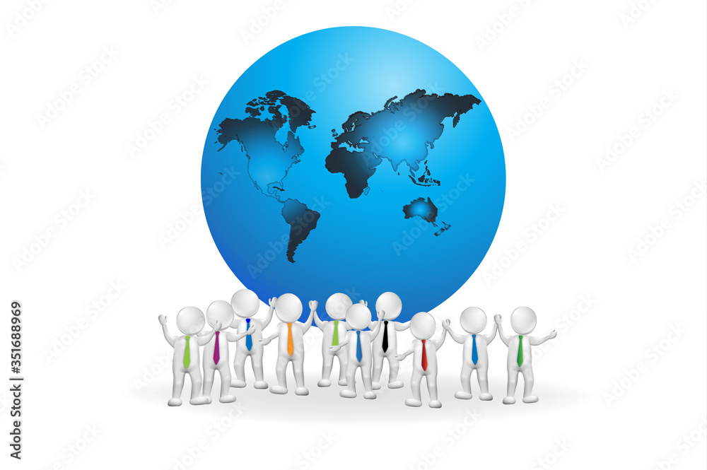 3D teamwork people around global map world vector logo image 3D teamwork people around global map world vector logo image