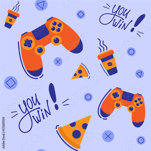 Seamless Game Pattern with Joystick, Pizza, Coffee and Lettering You Win