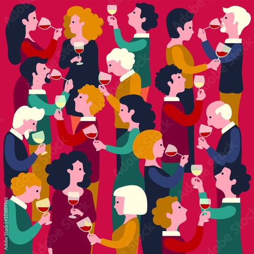 wine tasting event with smartly dressed young and aged men and women with wine glasses of red or white wine - flat hand drawn vector illustration