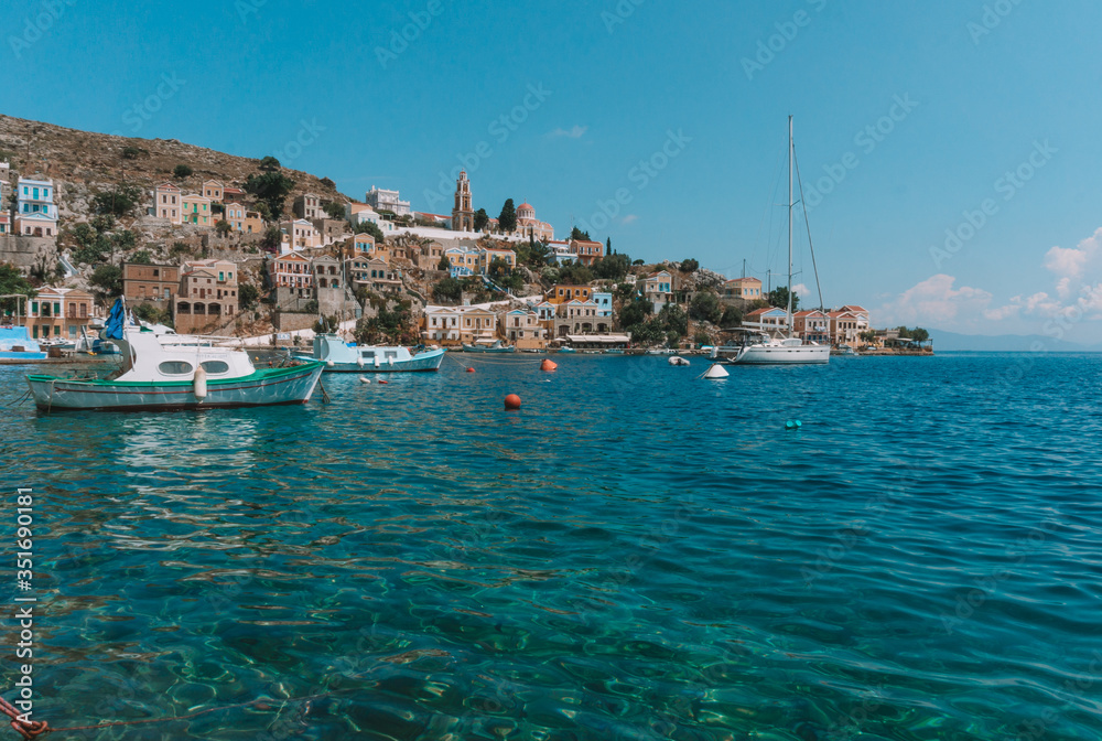 Beautiful view of the sea in the island of Symi, Greece