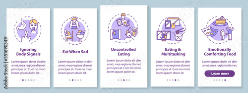 Bad eating habits onboarding mobile app page screen with concepts. Uncontrolled eating, ignoring body signals walkthrough 5 steps graphic instructions. UI vector template with RGB color illustrations