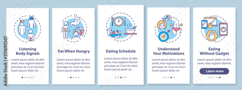Healthy eating habits onboarding mobile app page screen with concepts. Schedule and listening body signals walkthrough 5 steps graphic instructions. UI vector template with RGB color illustrations