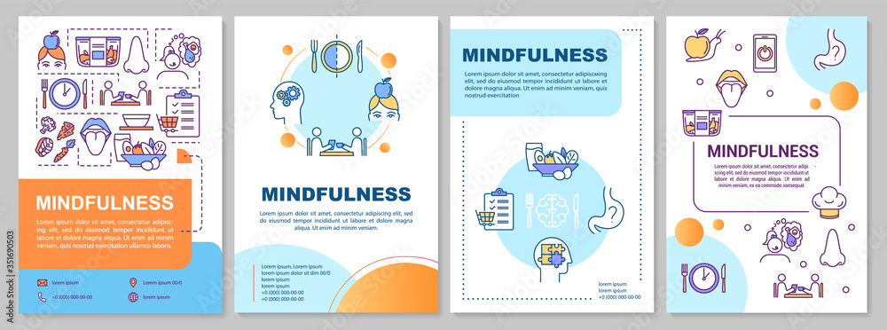 Eating mindfulness brochure template. Healthy nutrition habits. Flyer, booklet, leaflet print, cover design with linear icons. Vector layouts for magazines, annual reports, advertising posters