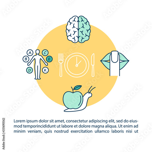 Eating schedule concept icon with text. Healthy nutrition, silent eating, ingestion control. PPT page vector template. Brochure, magazine, booklet design element with linear illustrations