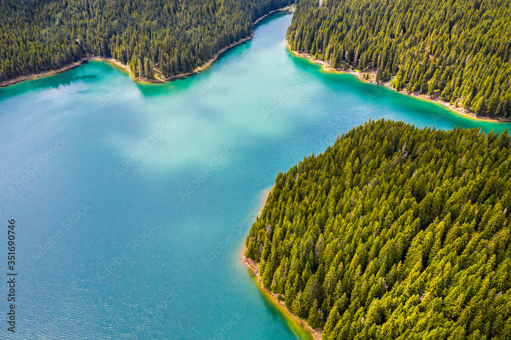 Turquoise water in a mountain forest lake with pine trees. Aerial view ...