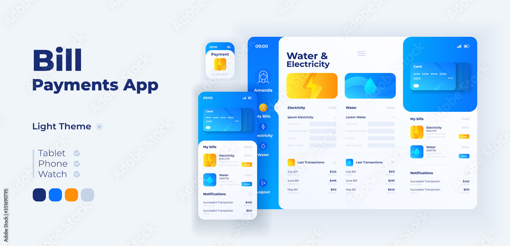 Utility taxes payment app screen vector adaptive design template. Water and electricity invoices application day mode interface with flat characters. Smartphone, tablet, smart watch cartoon UI Utility taxes payment app screen vector adaptive design template. Water and electricity invoices application day mode interface with flat characters. Smartphone, tablet, smart watch cartoon UI