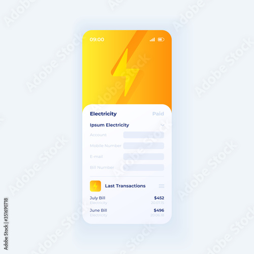 Electricity taxes smartphone interface vector template. Mobile app page white design layout. Utility bills management screen. Flat UI for application. Online banking and payment. Phone display