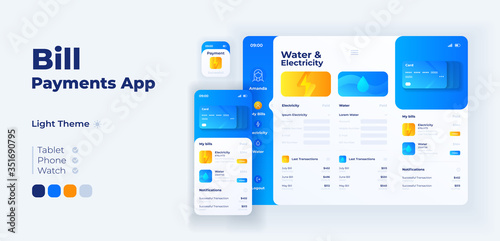 Utility taxes payment app screen vector adaptive design template. Water and electricity invoices application day mode interface with flat characters. Smartphone, tablet, smart watch cartoon UI