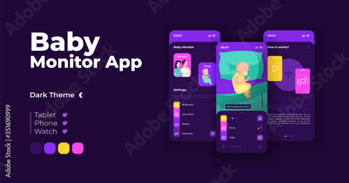Baby monitor cartoon smartphone interface vector templates set. Mobile app screen page night mode design. Watching over sleeping infant. UI for application. Phone display with flat character