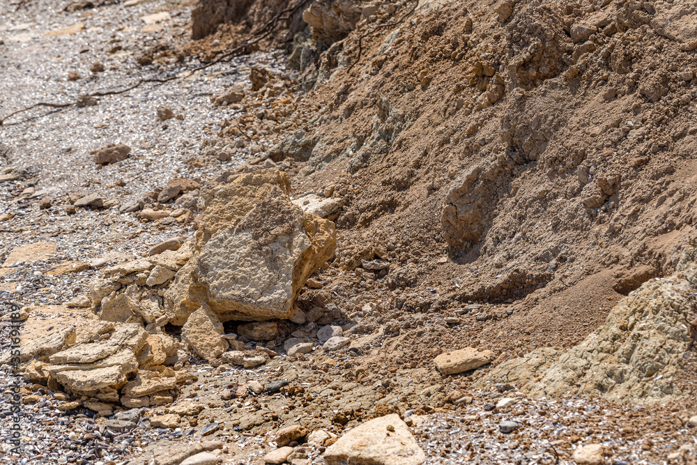 Landslide zone on Black Sea coast. Rock of sea rock shell. Zone of natural disasters during rainy season. Large masses of earth slip along slope of hill, destroy houses. Landslide - threat to life Landslide zone on Black Sea coast. Rock of sea rock shell. Zone of natural disasters during rainy season. Large masses of earth slip along slope of hill, destroy houses. Landslide - threat to life
