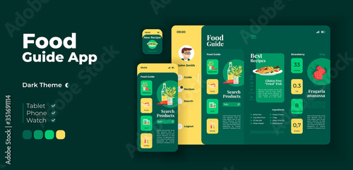 Search for food products app screen vector adaptive design template. Fresh dinner ingredients application night mode interface with flat characters. Smartphone, tablet, smart watch cartoon UI