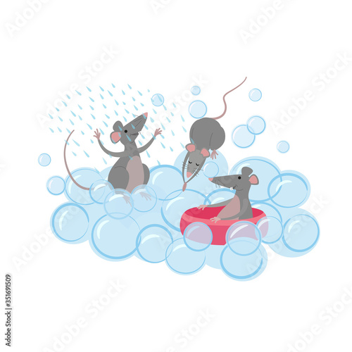 A funny three rats are bathing.  One rat dives, the second sits in a rubber ring, the third takes a shower. Cartoon children’s vector illustration in flat style with texture.