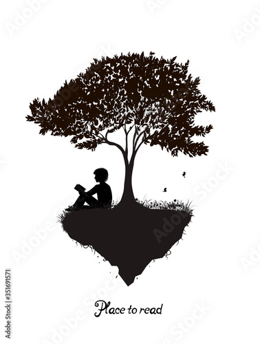 best place to read concept, boy reading under the big tree, park scene in black and white, childhood memories, shadow story, (ID: 351691571)