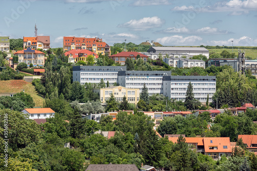 Aerial view Eger, Hungarian Country town with apartment buildings