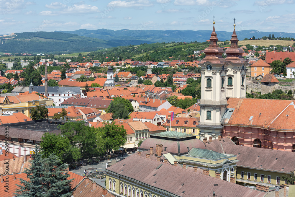 Aerial view Eger, Hungarian Country town with towers Minorite church