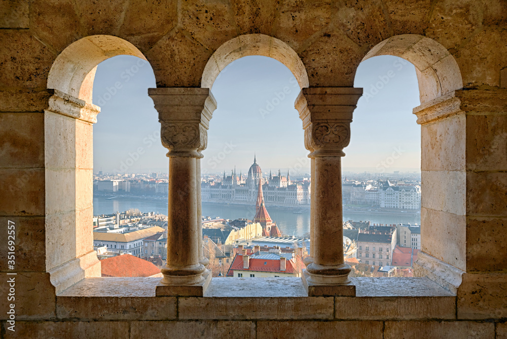 Budapest view in Fisherman's Bastion stone arches