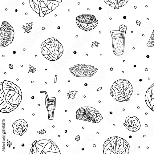 White cabbage, green cabbage whole heads, cut, leaves, herbs, carrot, dill. Seamless repeating pattern. Black and white doodle vector illustration on a white background, isolated cut-out objects