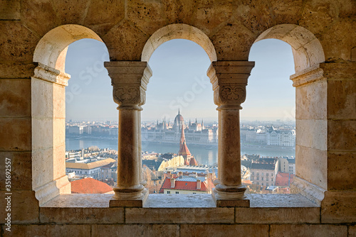 Budapest view in Fisherman s Bastion stone arches