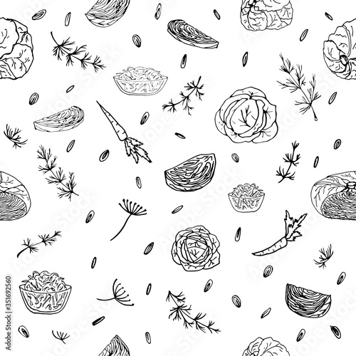White cabbage, green cabbage whole heads, cut, leaves, herbs, carrot, dill. Seamless repeating pattern. Black and white doodle vector illustration on a white background, isolated cut-out objects