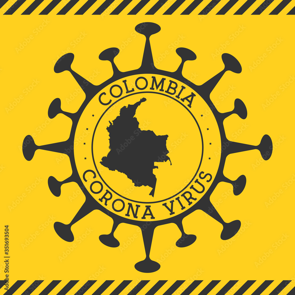 Corona virus in Colombia sign. Round badge with shape of virus and Colombia map. Yellow country epidemy lock down stamp. Vector illustration.