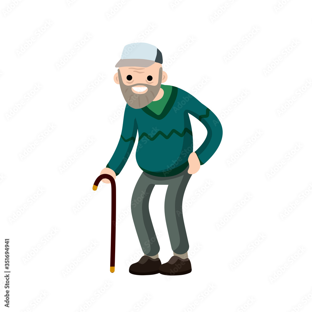 Funny old man with cane. Senior and Active Lifestyle, recreation grandfather. Cartoon flat illustration.