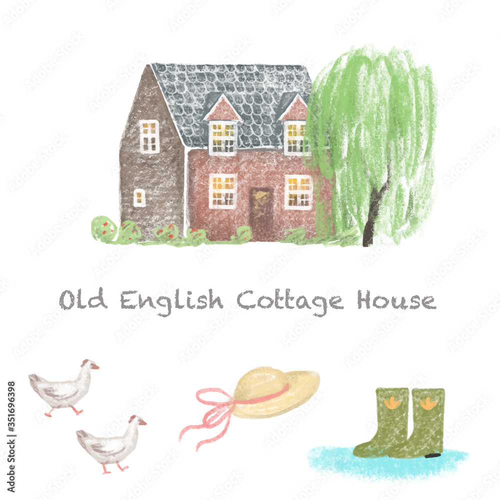 Old English cottage house. Countryside home, hand drawn illustration