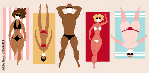People in swimsuits lying on the beach, wearing facing medical masks to prevent virus spreading, EPS 8 vector illustration
