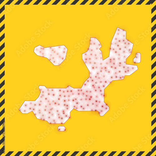 Terre-de-Haut Island closed - virus danger sign. Lock down island icon. Black striped border around map with virus spread concept. Vector illustration.