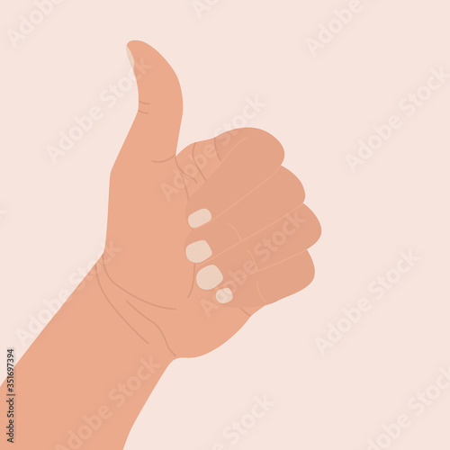 Hand shows thumb up. Symbol of praise, approval, feedback, good work. Icon of a hand with bent fingers and a raised thumb. Flat vector illustration in cartoon style. Gesture cool, well done, success