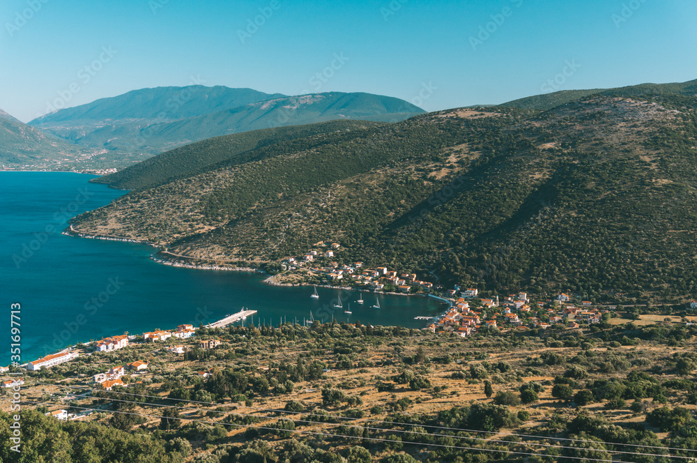 View of the coast of the sea and mountains. Kefalonia Island, Greece