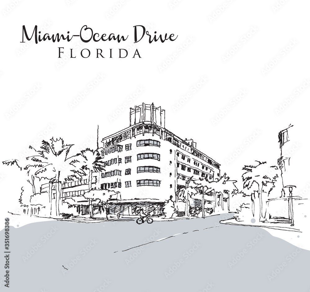 Drawing sketch illustration of Ocean Drive, Miami