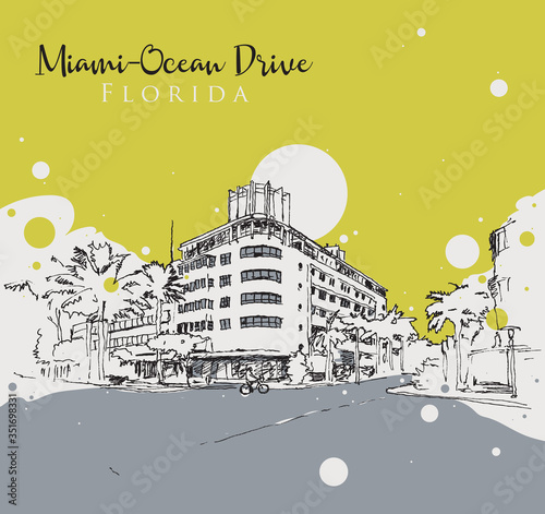 Drawing sketch illustration of Ocean Drive, Miami