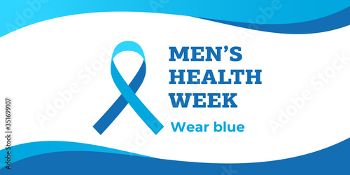 Men's health week. Vector banner, illustration, poster for social media. Theblue ribbon and the text: Men's health week. Wear blue. Takes place in June.