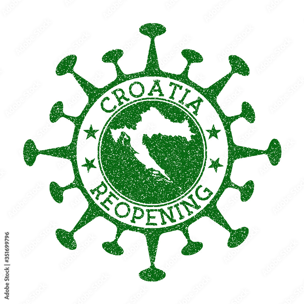 Croatia Reopening Stamp. Green round badge of country with map of Croatia. Country opening after lockdown. Vector illustration.