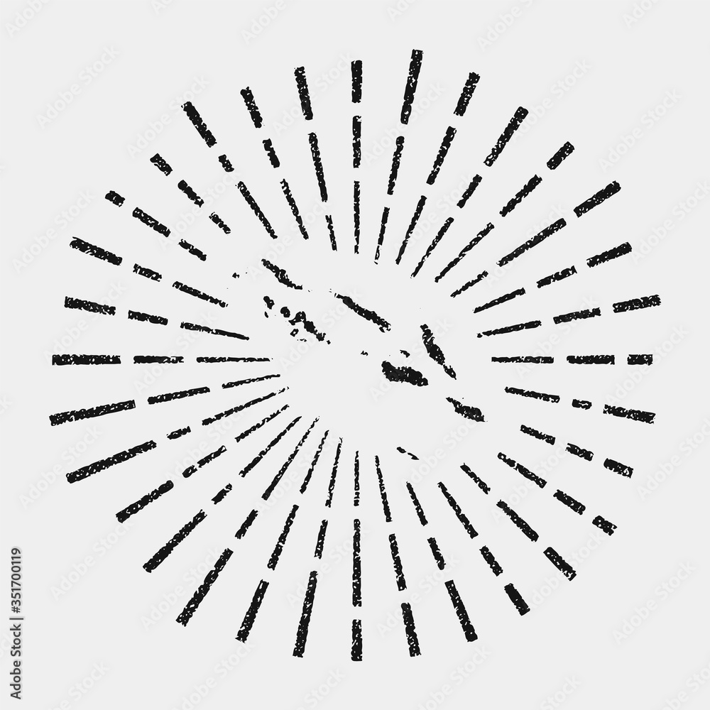 Obraz premium Vintage map of Solomon Islands. Grunge sunburst around the country. Black Solomon Islands shape with sun rays on white background. Vector illustration.