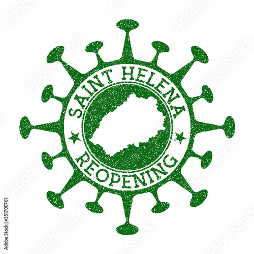 Saint Helena Reopening Stamp. Green round badge of island with map of Saint Helena. Island opening after lockdown. Vector illustration. photo