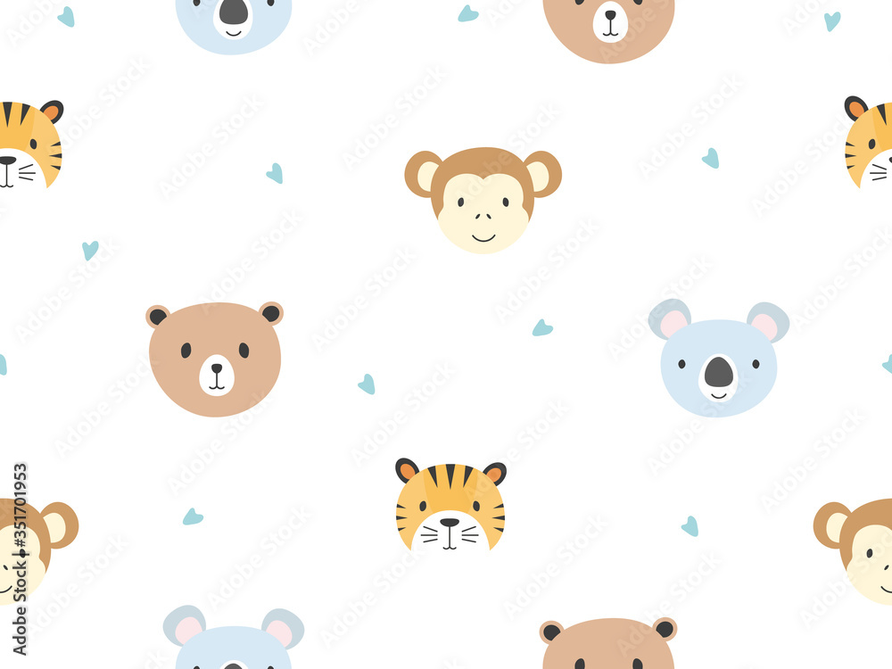 Cute animals seamless pattern background with bear, tiger, monkey and koala vector illustration