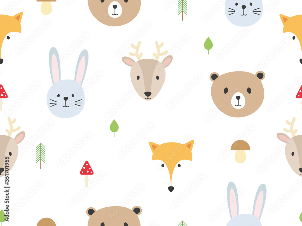 Cute forest animal seamless pattern background with rabbit, fox, bear, deer, mushroom, leaf, tree vector illustration.