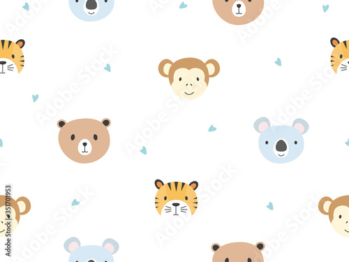 Fototapeta Naklejka Na Ścianę i Meble -  Cute animals seamless pattern background with bear, tiger, monkey and koala vector illustration