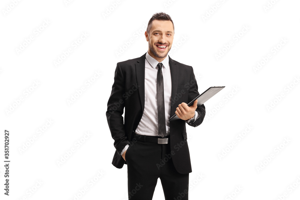 Businessman holding a clipboard with a document Businessman holding a clipboard with a document