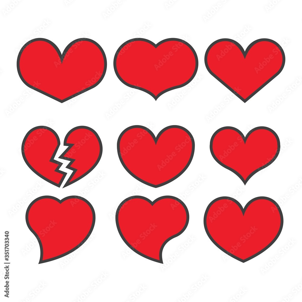 set of red heart icon collection with black line, love symbols - Vector