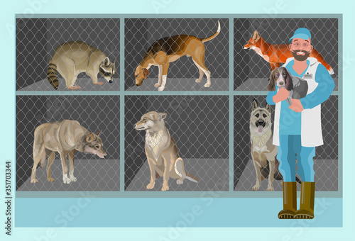 Animals in a cage behind a wire mesh