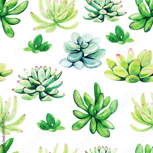 Bright green watercolor succulent plants  seamless pattern
