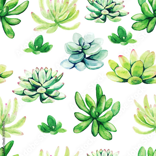 Bright green watercolor succulent plants, seamless pattern