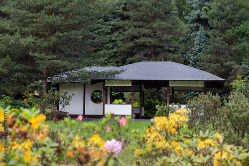 Photography Fantastic Tea house and blossoming rhododendrons in japanese garden in Moscow