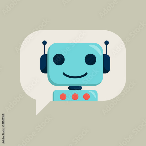 Flat vector illustration: robot in a speech bubble. Chat robot concept. Support service logo.