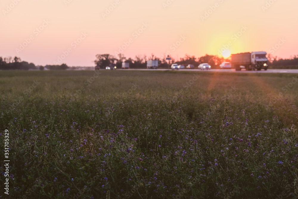 Naklejka premium by road going car at sunset blurred background
